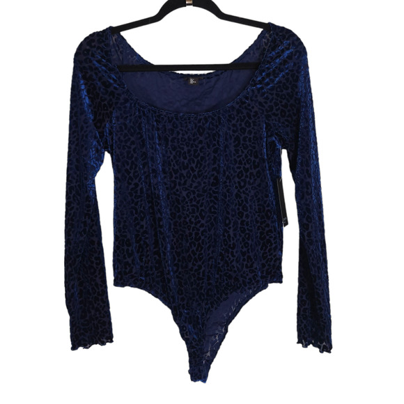 free press Tops - Free Press Bodysuit Womens L Blue Velvet Burnout Leopard Long Sleeve Stretch New